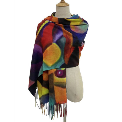 Art Impressionist Blue Multicolour Bright Abstract Face Wool Mix Tassel Scarf - SKRF