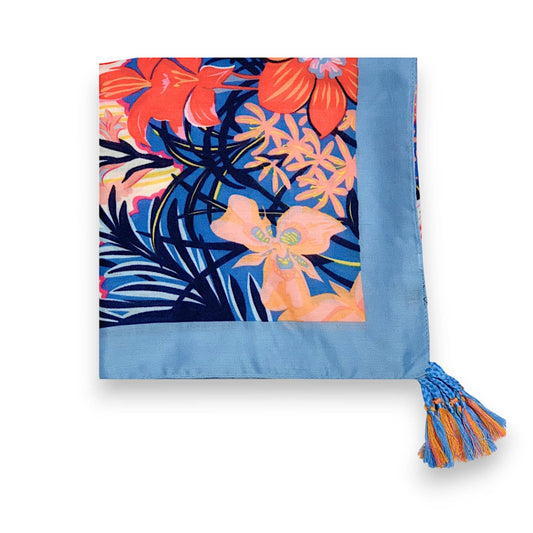 Baby Blue Floral Garden Print Tassel Square Scarf - SKRF