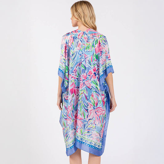 Blue Floral Flower Pattern Silky Feel Summer Kimono Coverup - SKRF