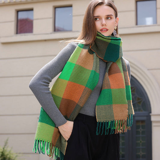 Contrast Colour Green Plaid Check Tassel Ribbed Scarf - SKRF