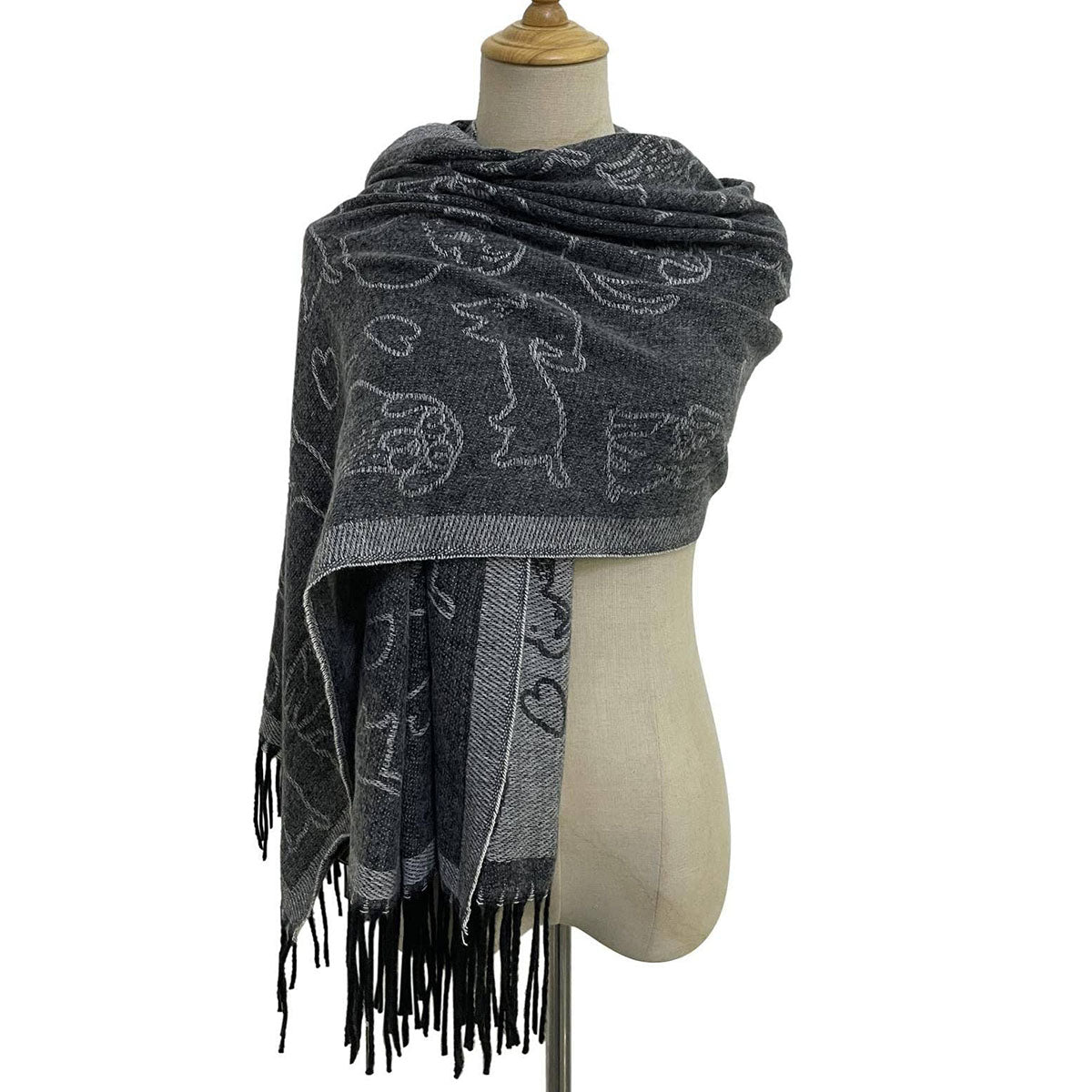 Cute Dog & Love Heart Reversible Print Charcoal Grey Tassel Scarf - SKRF