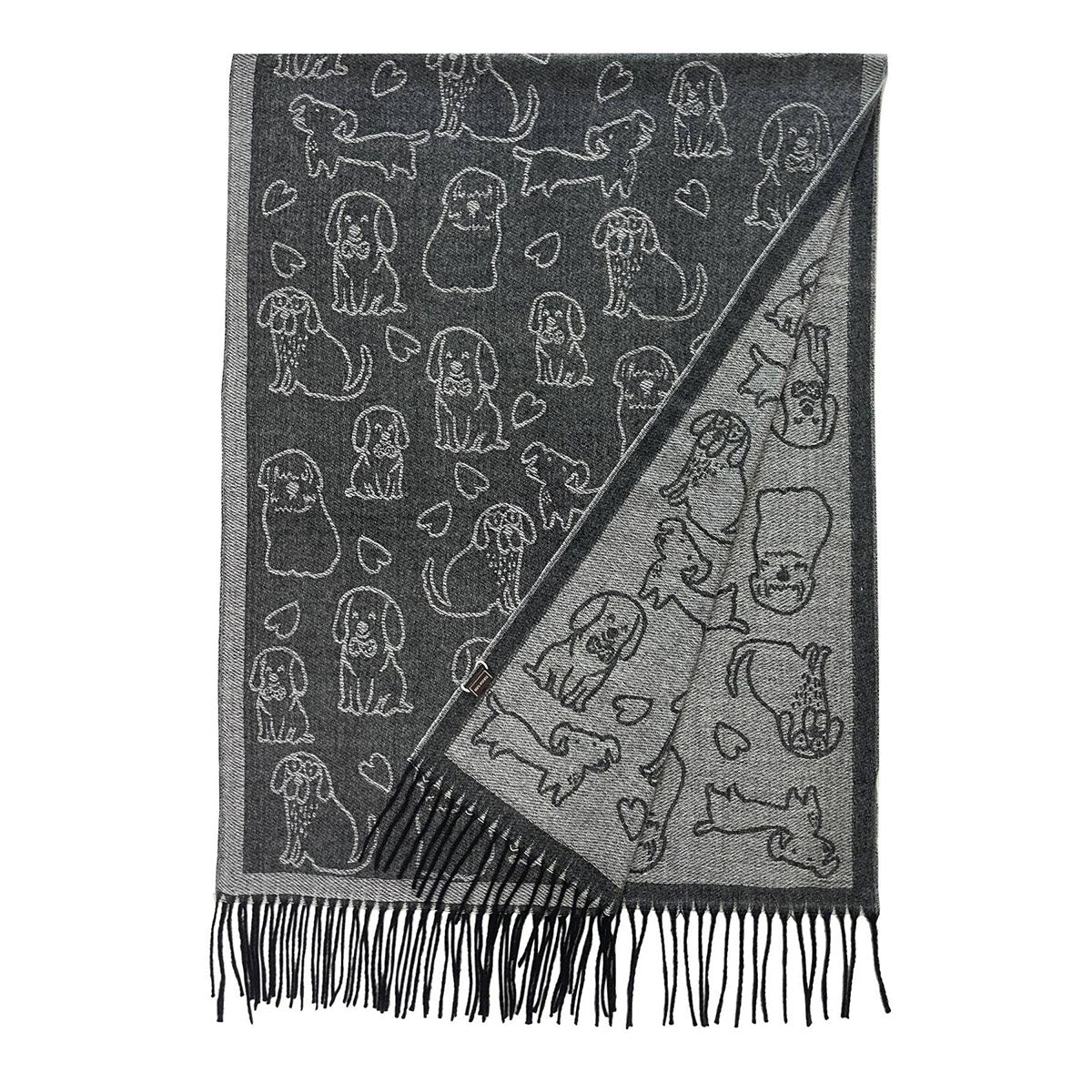 Cute Dog & Love Heart Reversible Print Charcoal Grey Tassel Scarf - SKRF