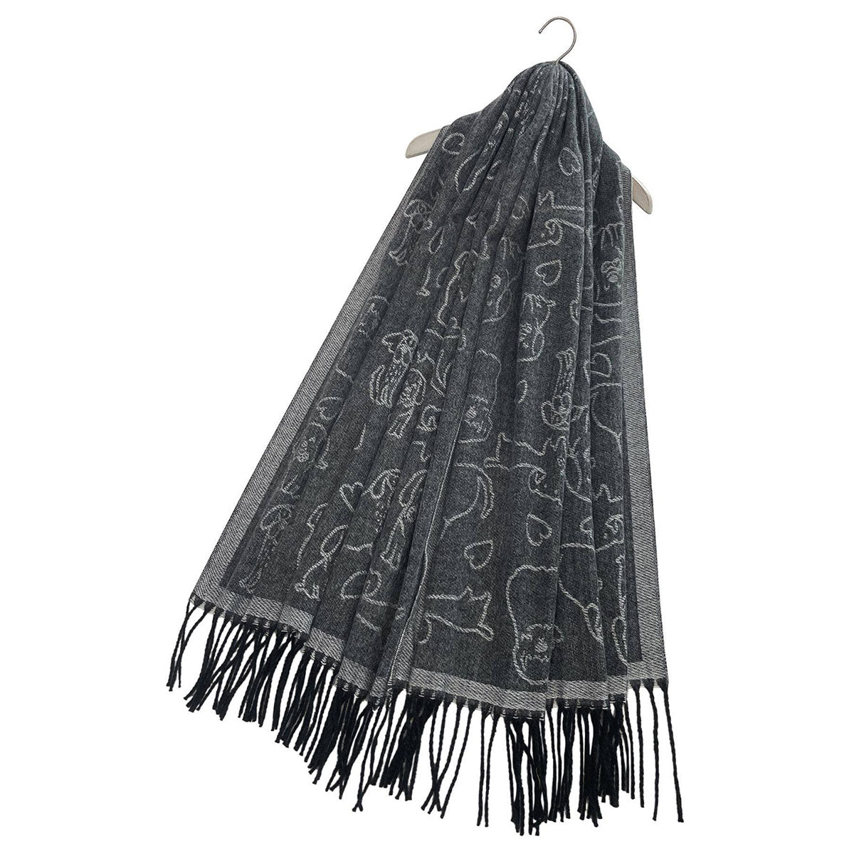 Cute Dog & Love Heart Reversible Print Charcoal Grey Tassel Scarf - SKRF