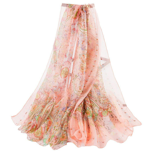 Eastern Floral Coral Green Print Chiffon Scarf - SKRF