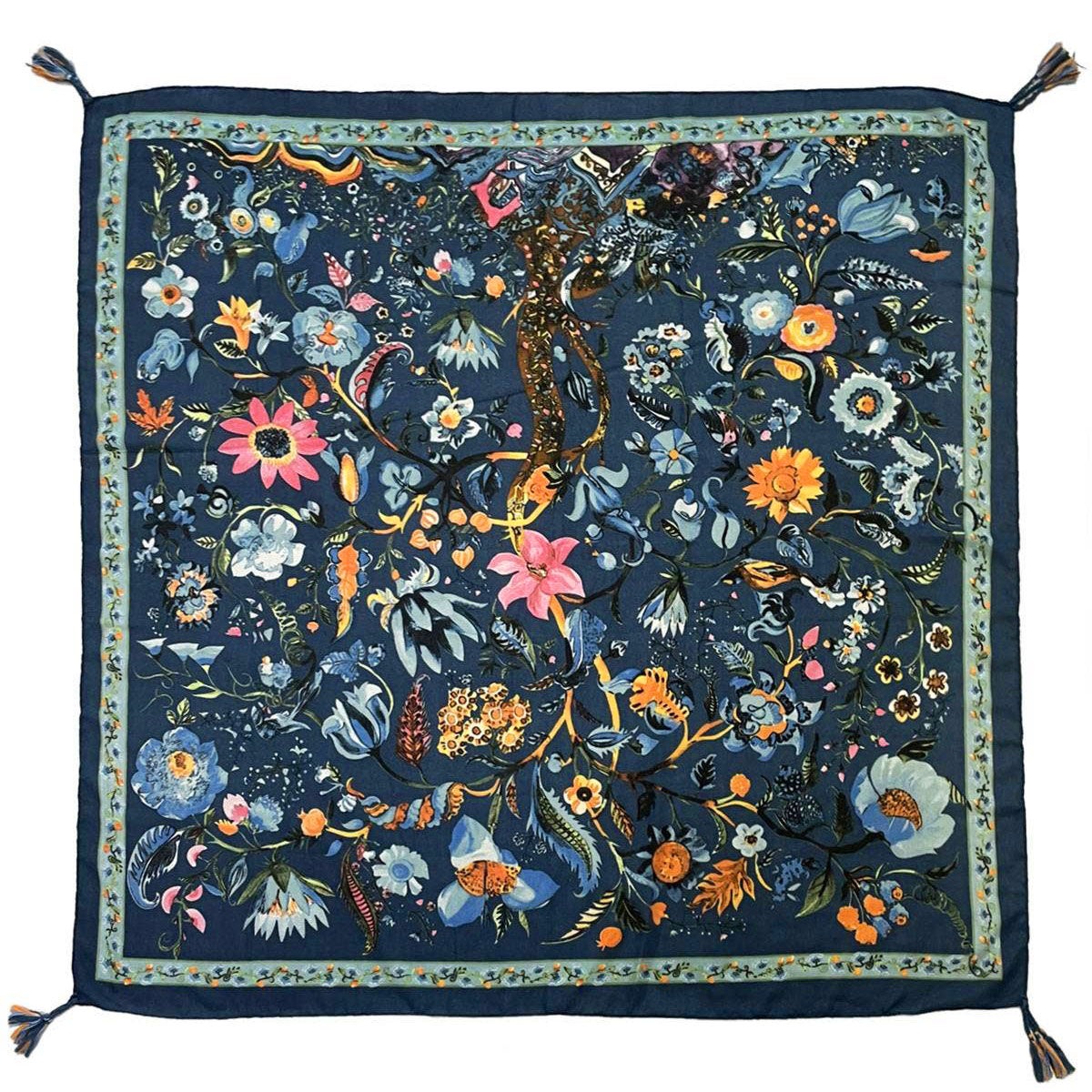 Enchanting Floral Print Square Tassel Scarf Navy Blue - SKRF