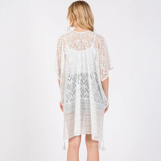 Geometric Pattern Cover Up With Tassels White - SKRF