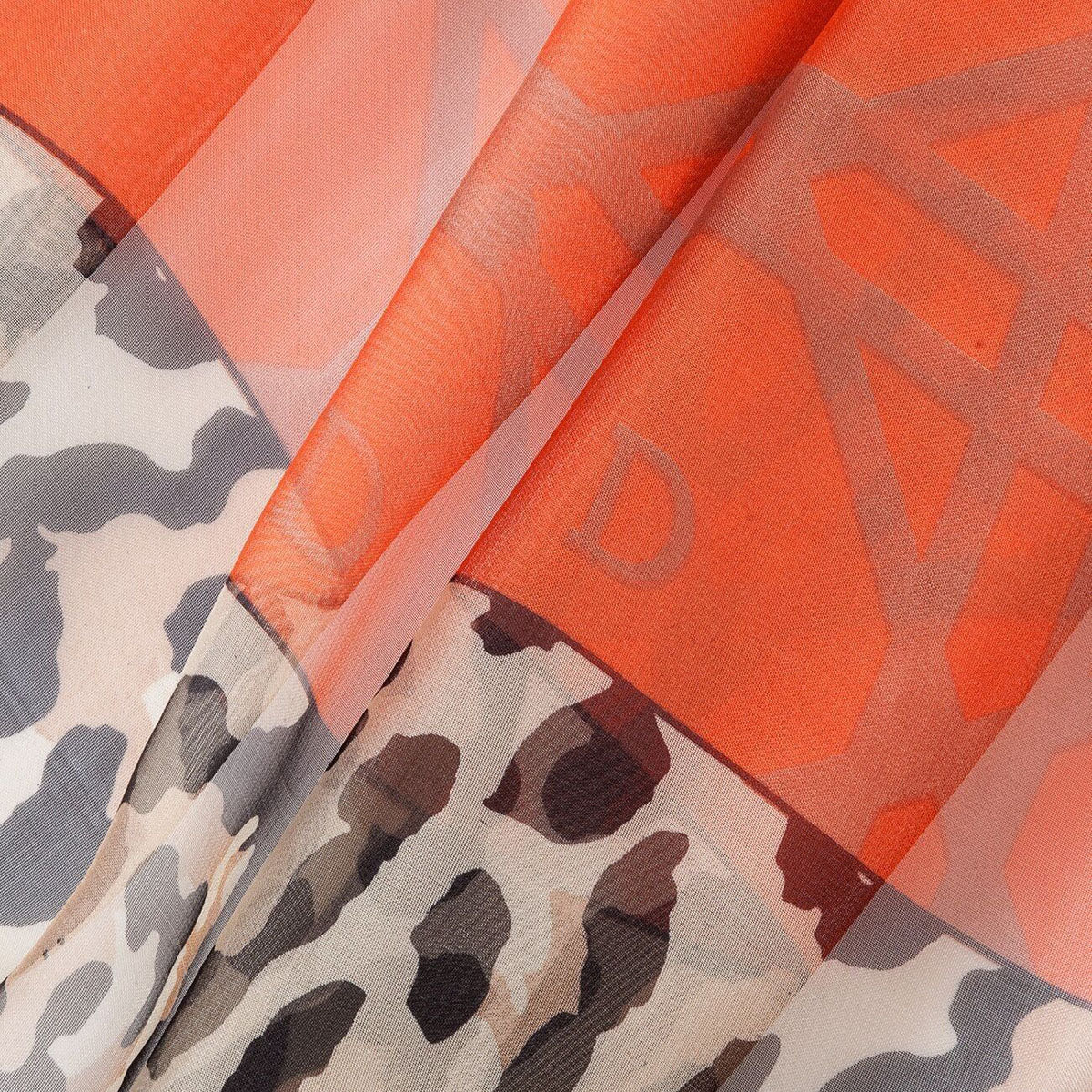 Geometric Print Orange Chiffon Scarf With Animal Print Edge - SKRF