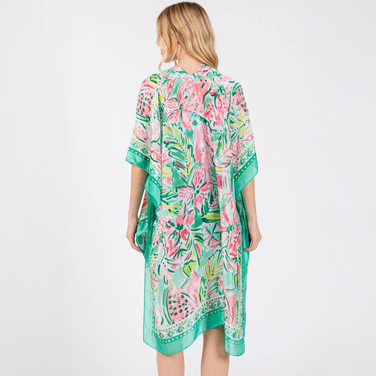 Green Floral Flower Pattern Silky Feel Summer Kimono Coverup - SKRF