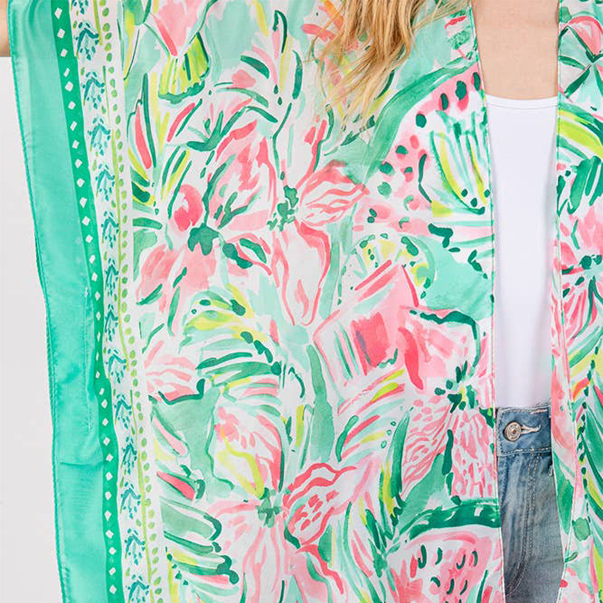 Green Floral Flower Pattern Silky Feel Summer Kimono Coverup - SKRF
