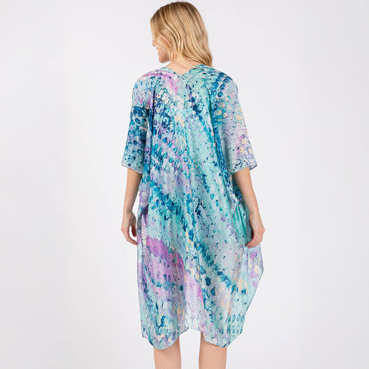 Kimono Cover Up Blue Multicolour Abstract Pattern Silky Feel - SKRF