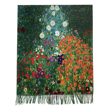 Klimt Style Green 'Flower Garden' Print Wool Mix Tassel Scarf - SKRF