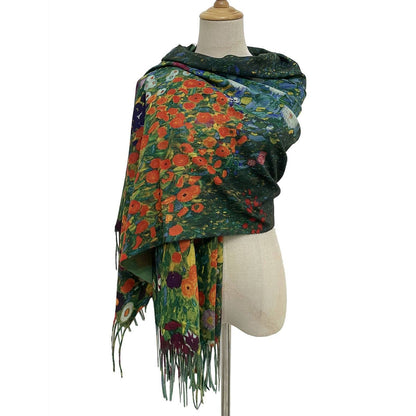 Klimt Style Green 'Flower Garden' Print Wool Mix Tassel Scarf - SKRF