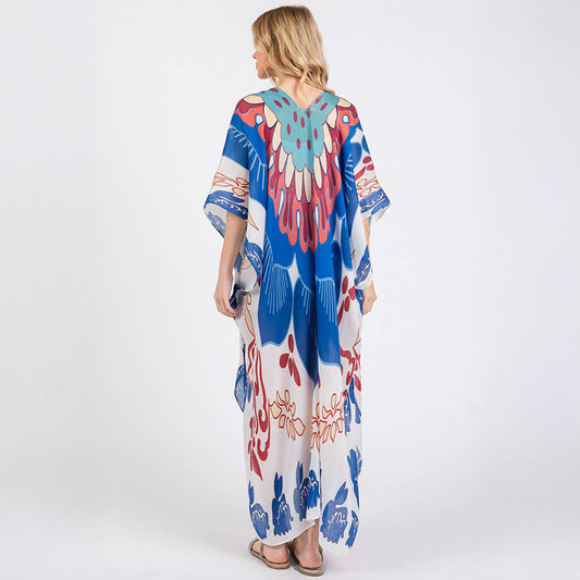 Long Summer Kimono Open Front Boho Style Blue Print - SKRF