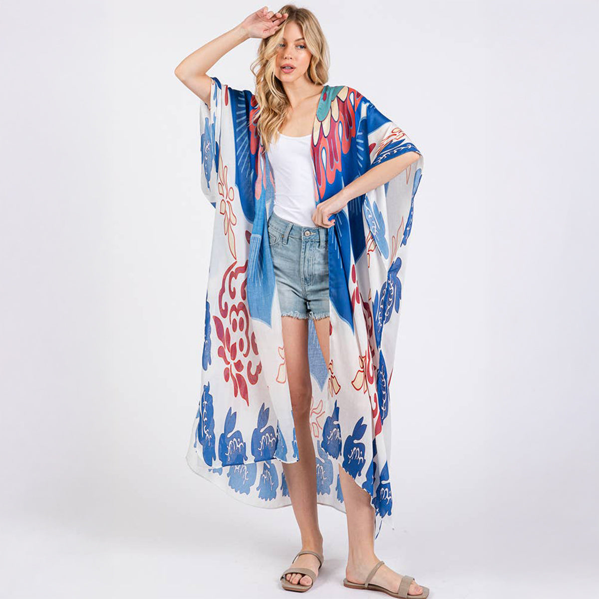 Long Summer Kimono Open Front Boho Style Blue Print - SKRF