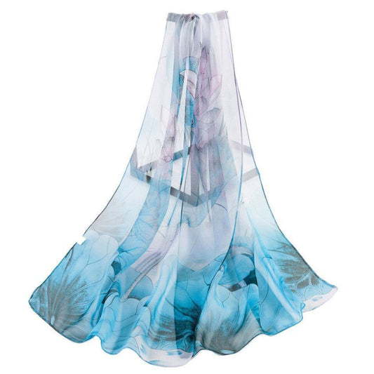 Lotus Flower & Leaves Blue Lilac Print Chiffon Scarf - SKRF