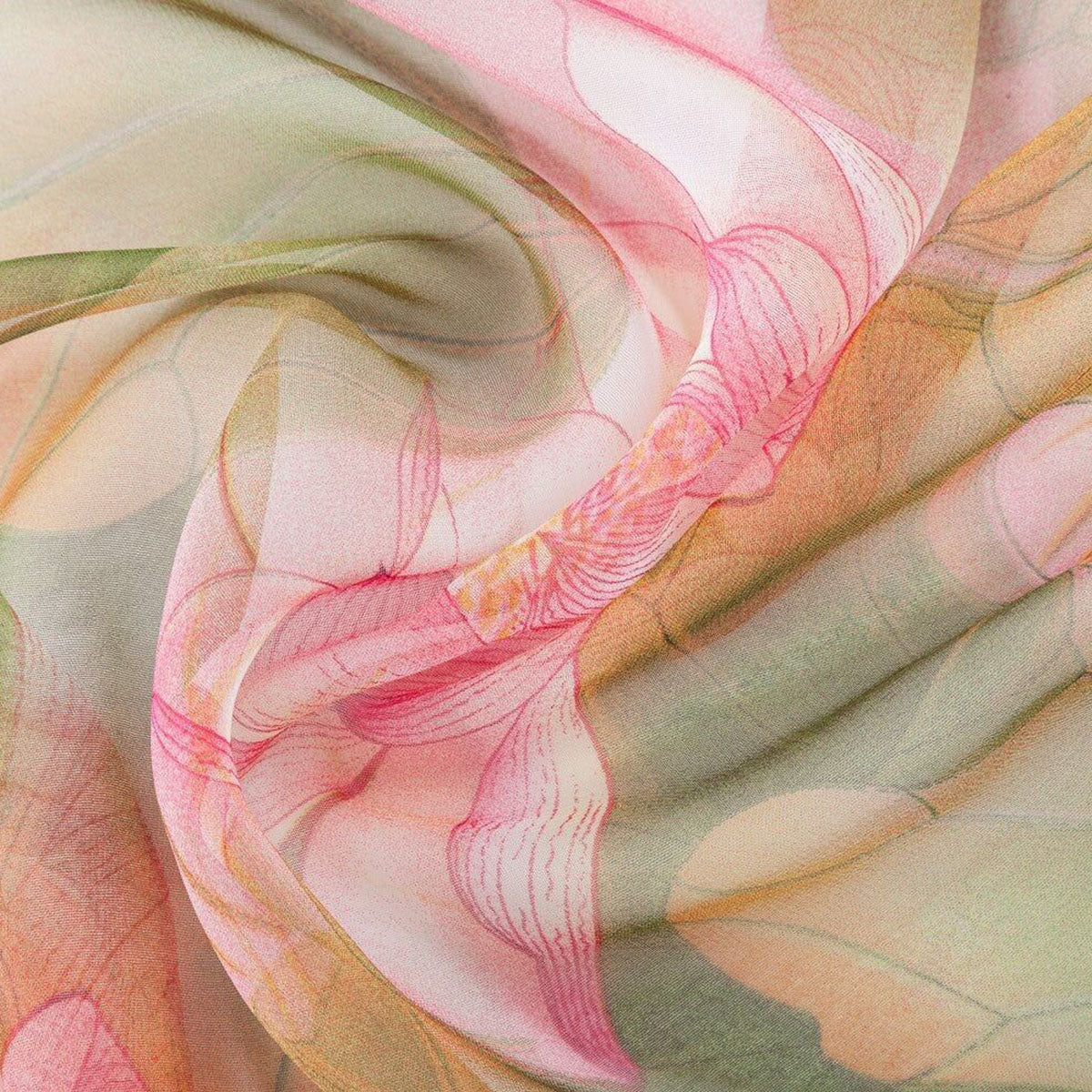 Lotus Green Pink Floral Print Chiffon Scar - SKRF