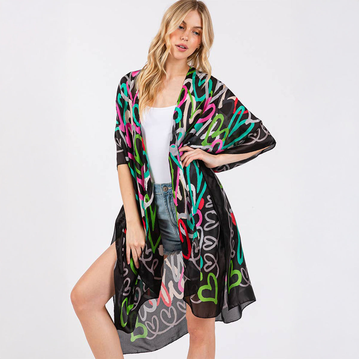 Kimono Cover Up Black Multi Coloured Heart Print Silky Feel - SKRF