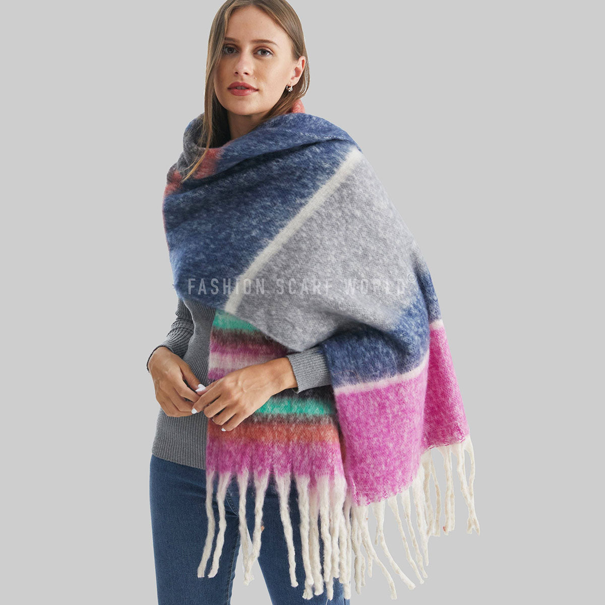 Multi Stripe Fuchsia Pink Blanket Tassel Scarf - SKRF