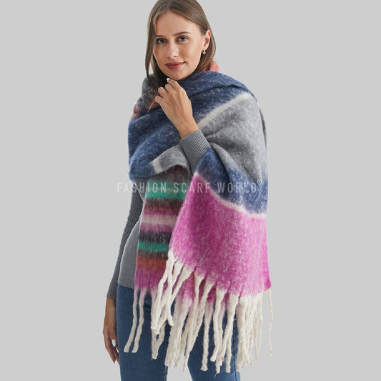 Multi Stripe Fuchsia Pink Blanket Tassel Scarf - SKRF