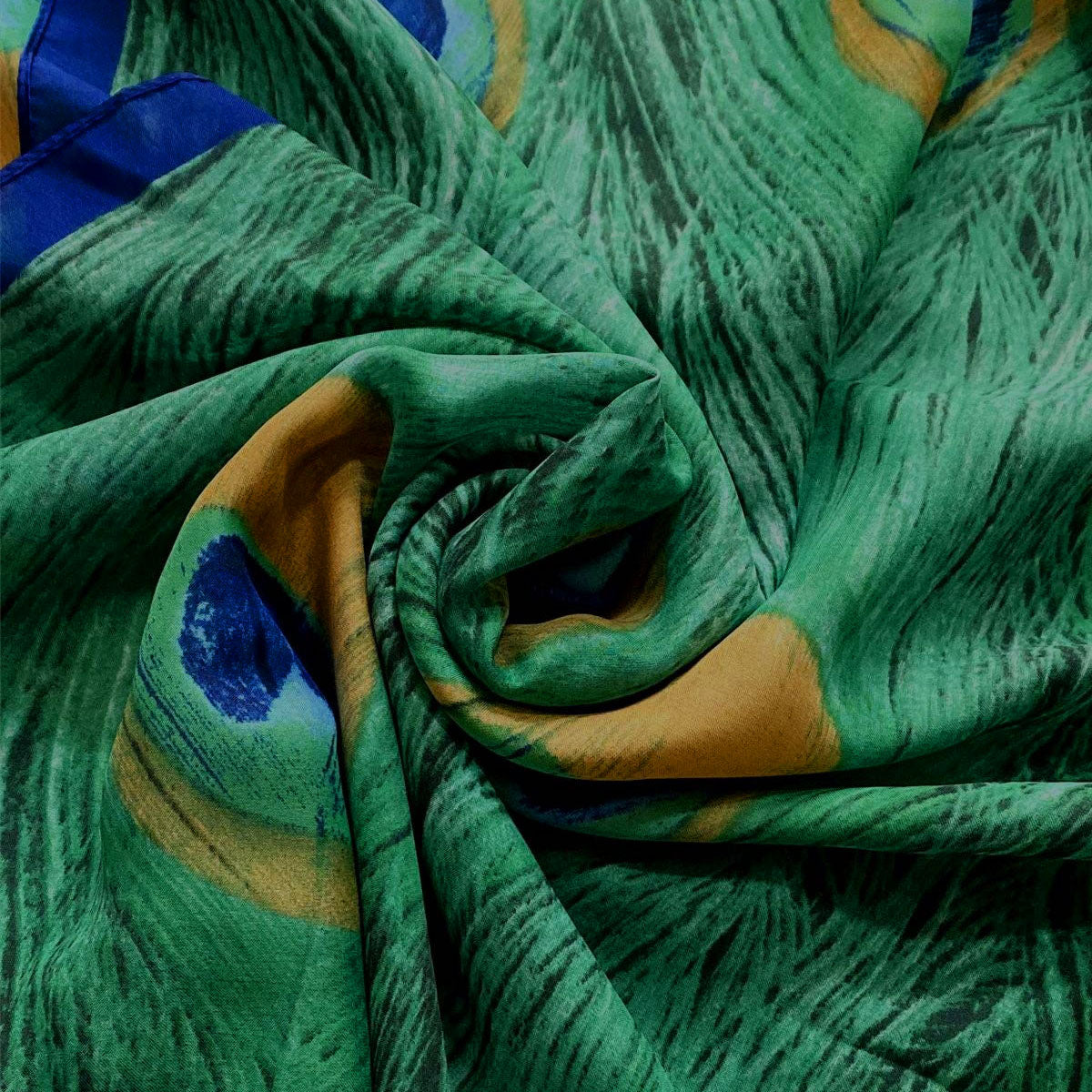 Peacock Feather Print Silk Blend Luxury Scarf Green - SKRF