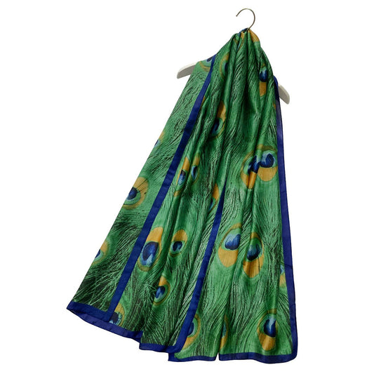 Peacock Feather Print Silk Blend Luxury Scarf Green - SKRF