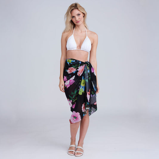 Pia Rossini Samba Black Pink Flower Print Sarong - SKRF