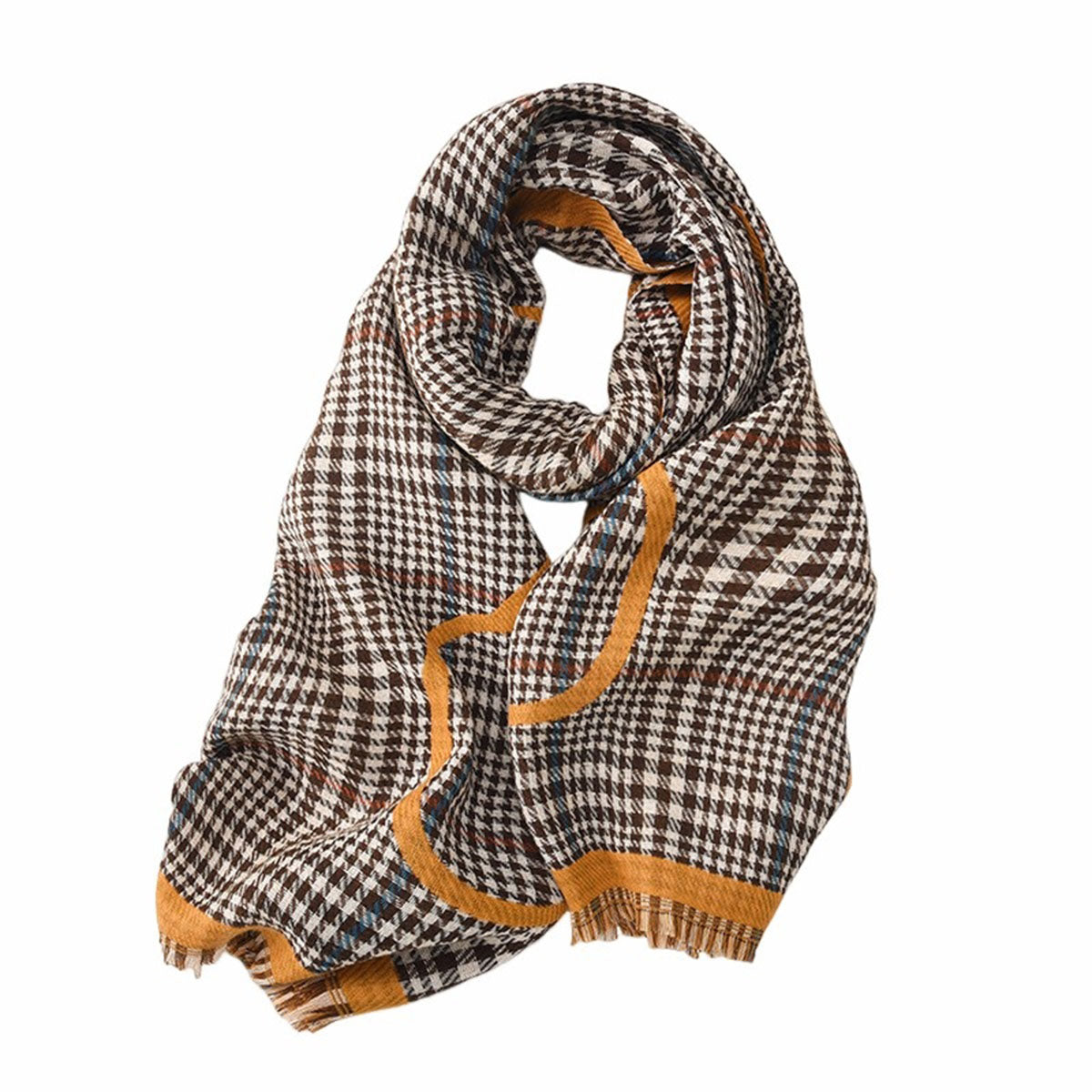 Plaid Check Brown Gold Tassel Shawl Scarf - SKRF