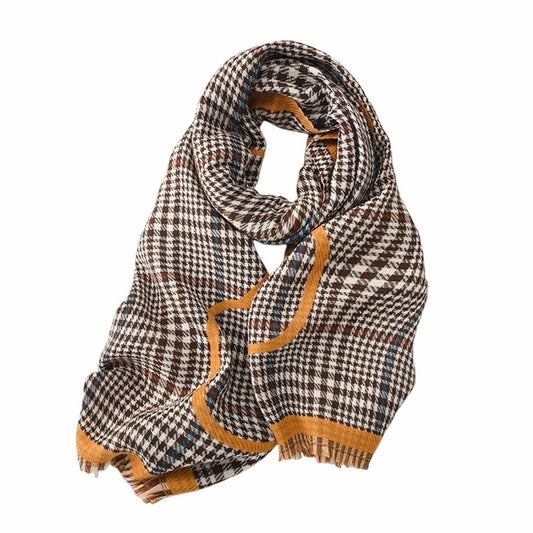 Plaid Check Brown Gold Tassel Shawl Scarf - SKRF