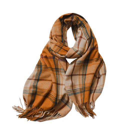 Plaid Check Gold Green Tassel Shawl Scarf - SKRF