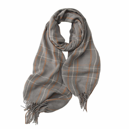Plaid Check Grey Gold Tassel Shawl Scarf - SKRF