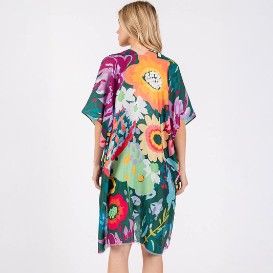 Summer Kimono Cover Up Green Multicolour Floral Flower Print - SKRF