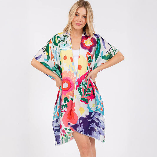 Summer Kimono Cover Up White Multicolour Floral Flower Print - SKRF