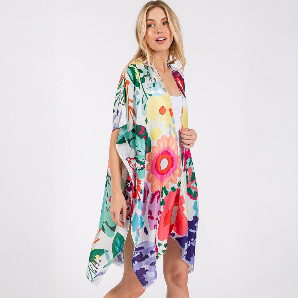 Summer Kimono Cover Up White Multicolour Floral Flower Print - SKRF