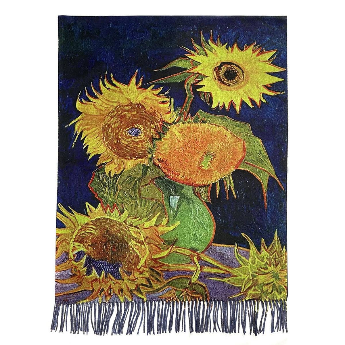 Van Gogh 'Six Sunflowers' Print Navy Wool Mix Tassel Scarf - SKRF