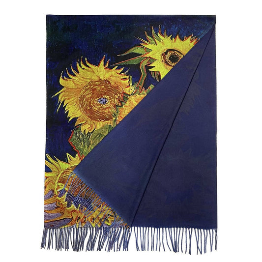 Van Gogh 'Six Sunflowers' Print Navy Wool Mix Tassel Scarf - SKRF