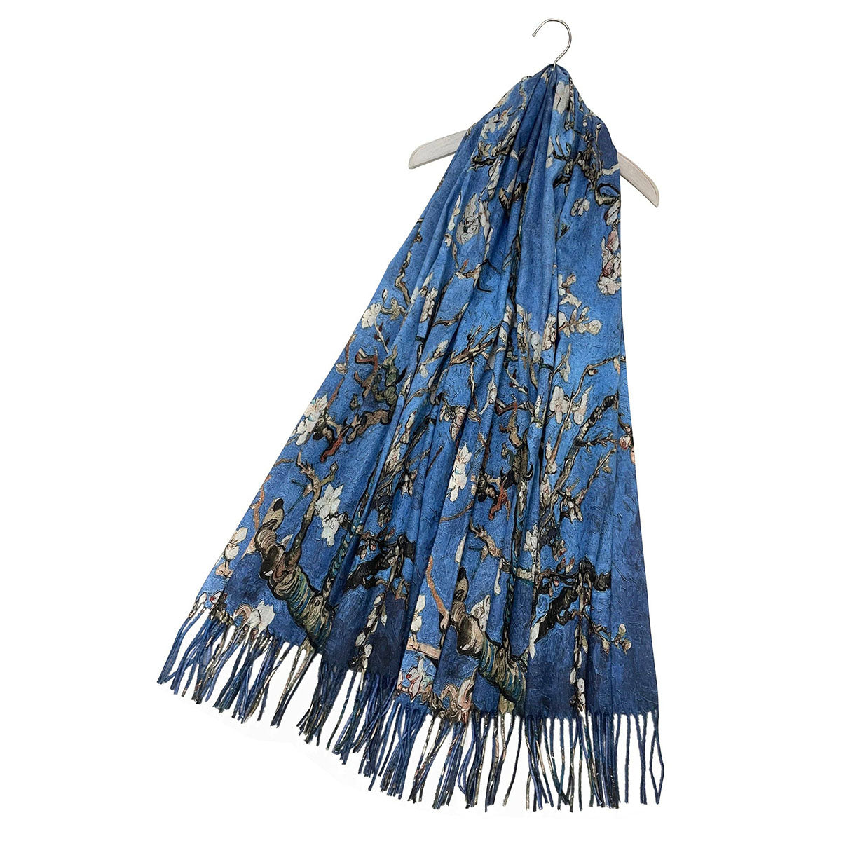 Van Gogh Style Blue Almond Blossom Wool Mix Tassel Scarf - SKRF