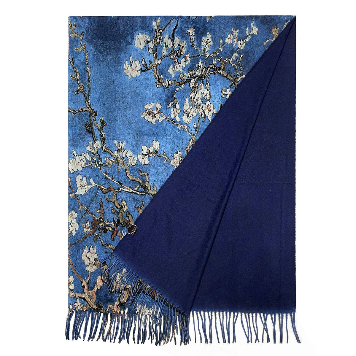 Van Gogh Style Blue Almond Blossom Wool Mix Tassel Scarf - SKRF