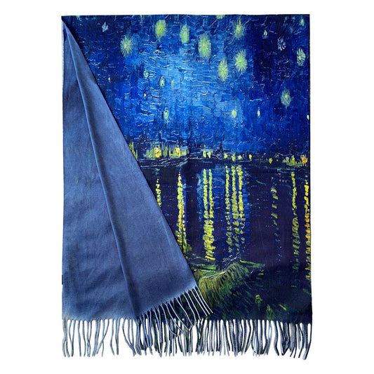 Van Gogh Style Blue Starry Over The Rhone Wool Mix Tassel Scarf - SKRF