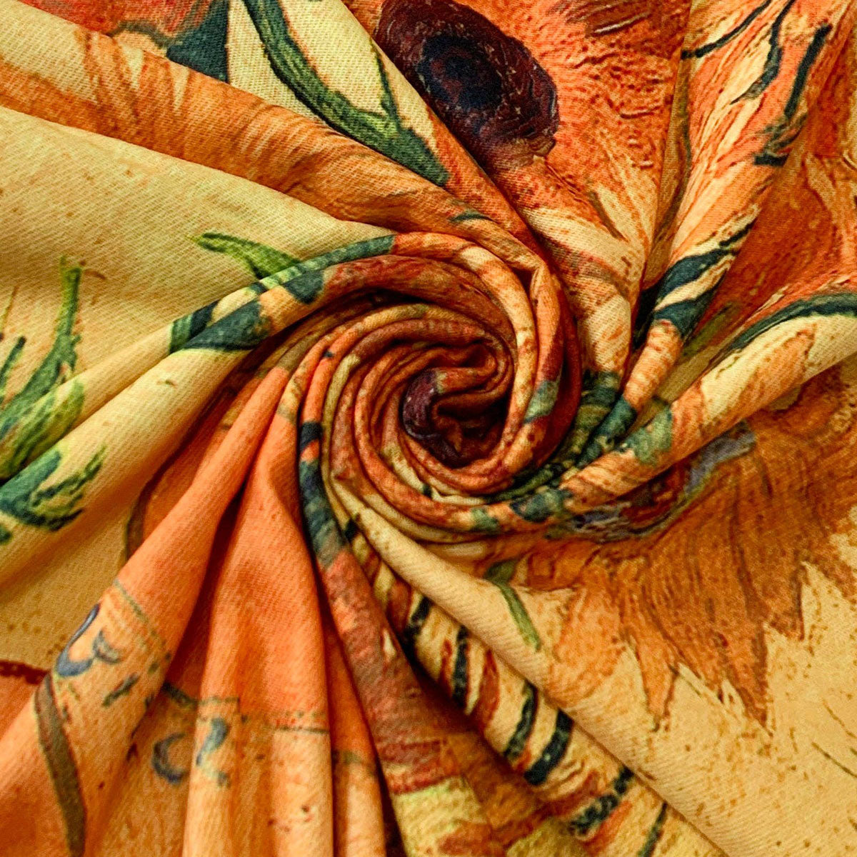 Van Gogh Style Gold Sunflowers Print Wool Mix Tassel Scarf - SKRF