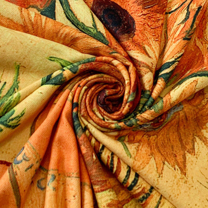 Van Gogh Style Gold Sunflowers Print Wool Mix Tassel Scarf - SKRF