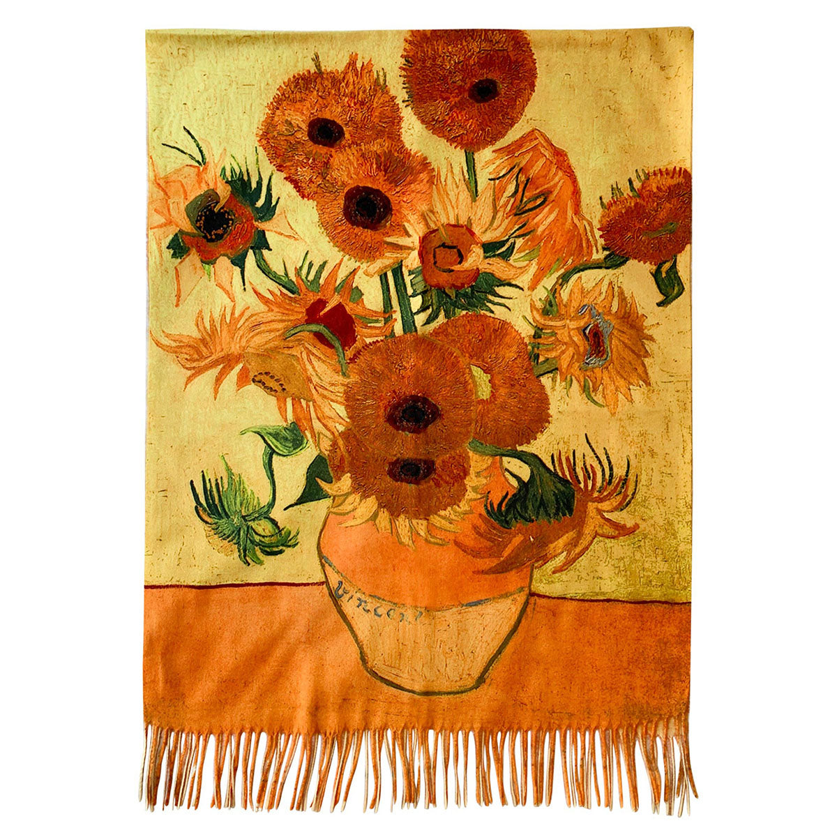 Van Gogh Style Gold Sunflowers Print Wool Mix Tassel Scarf - SKRF