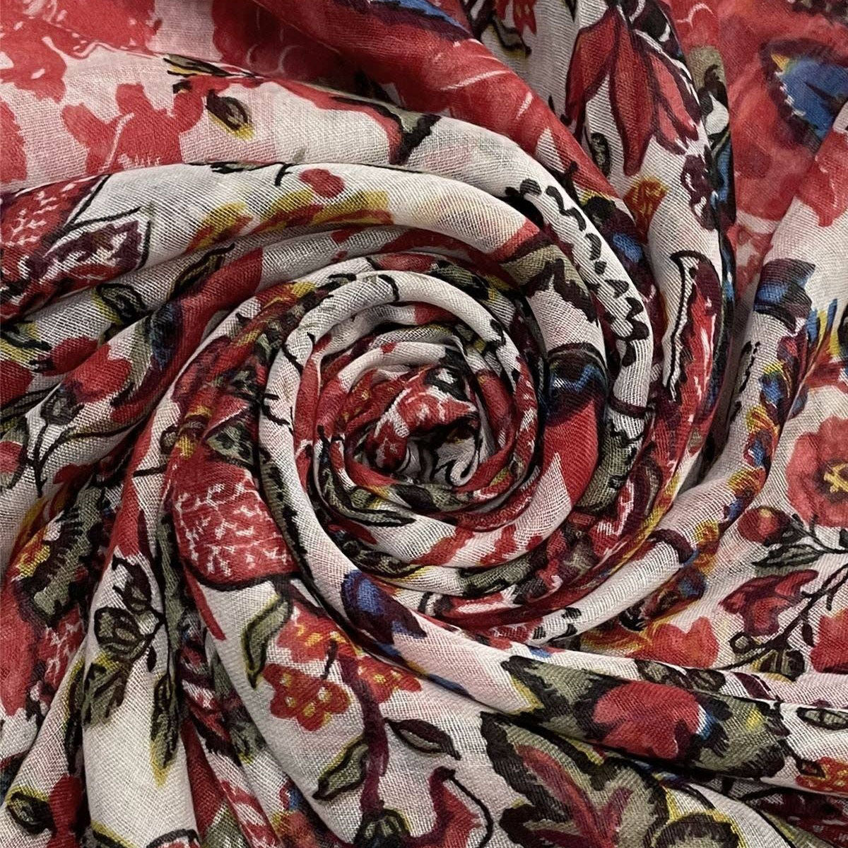 Vibrant Illustrated Floral Print Tassel Scarf Red - SKRF