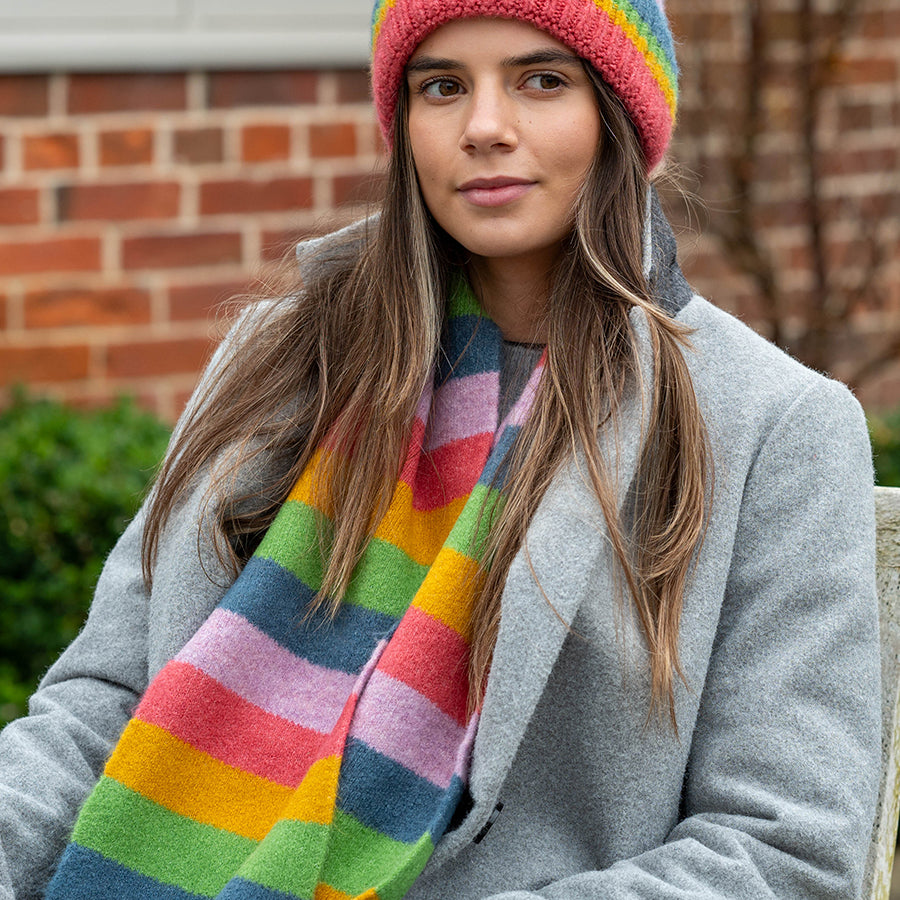 Pom Peace Of Mind Rainbow Mix Classic Knit Colour Block Stripe Scarf 52856
