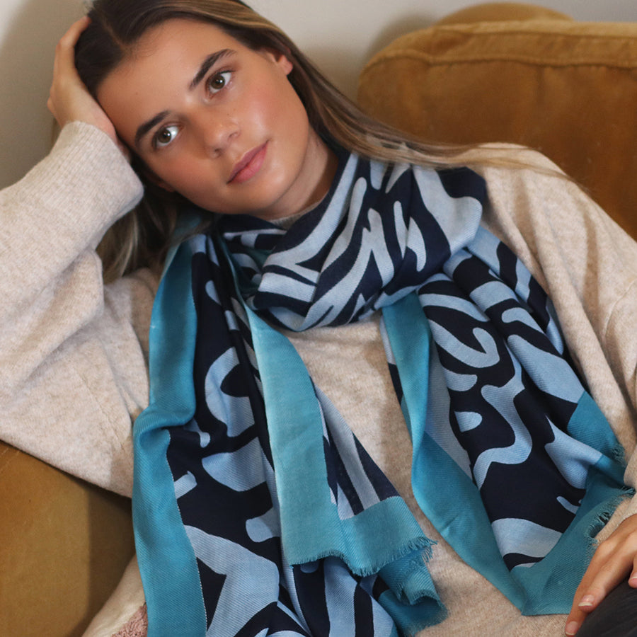 Pom Peace Of Mind Blue Mix Abstract Swirl Print Scarf With Border 52973