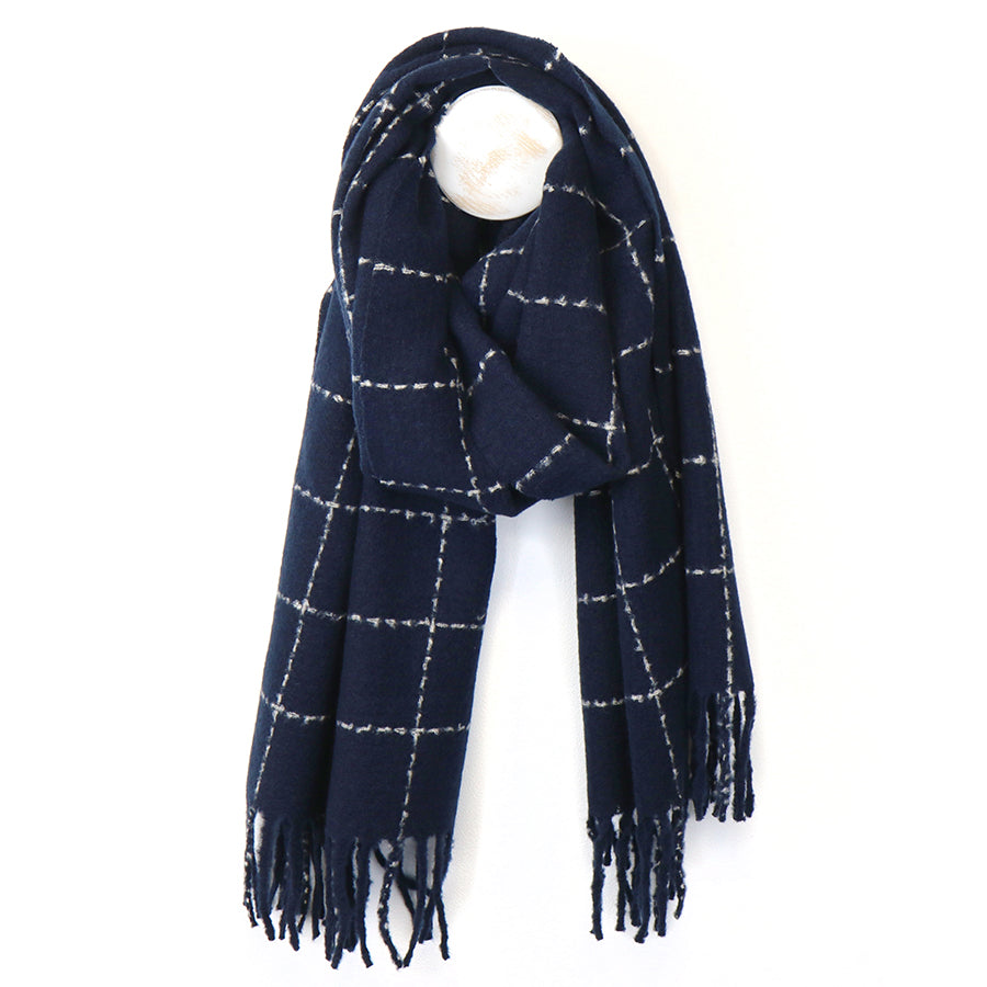 Pom Peace Of Mind Navy Fine Check Scarf With Fringe 53034