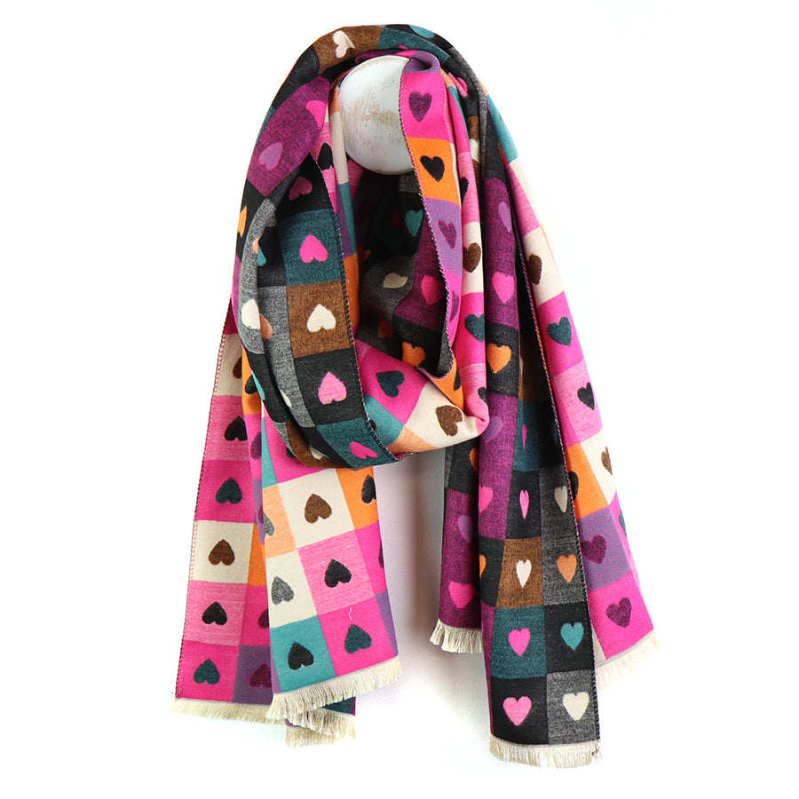 Pom Peace Of Mind Pink Mix Heart Chequerboard Print Jacquard Scarf 53221