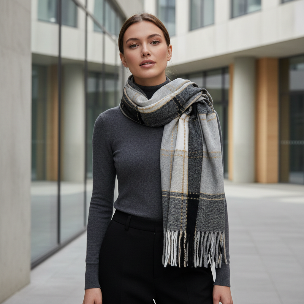 Checkered Black Scarf With Tassels