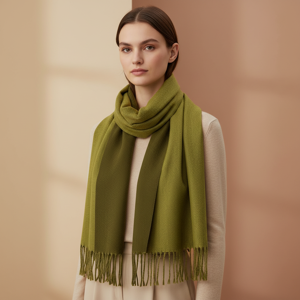 Two Tone Khaki Green Cashmere Blend Pashmina Style Tassel Scarf