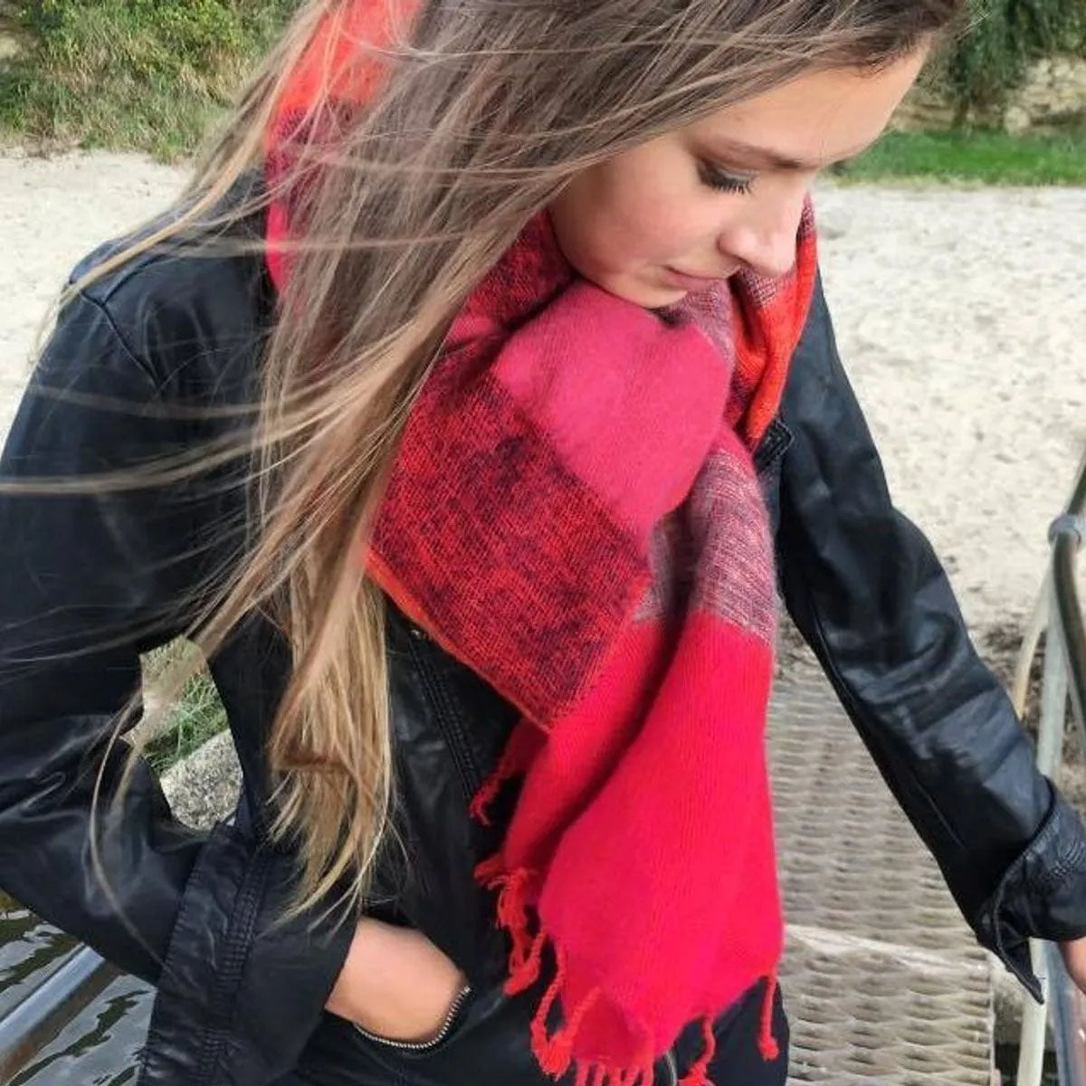 Autumn Sunset Pink Stripie Nepali Shawl Blanket Scarf - SKRF