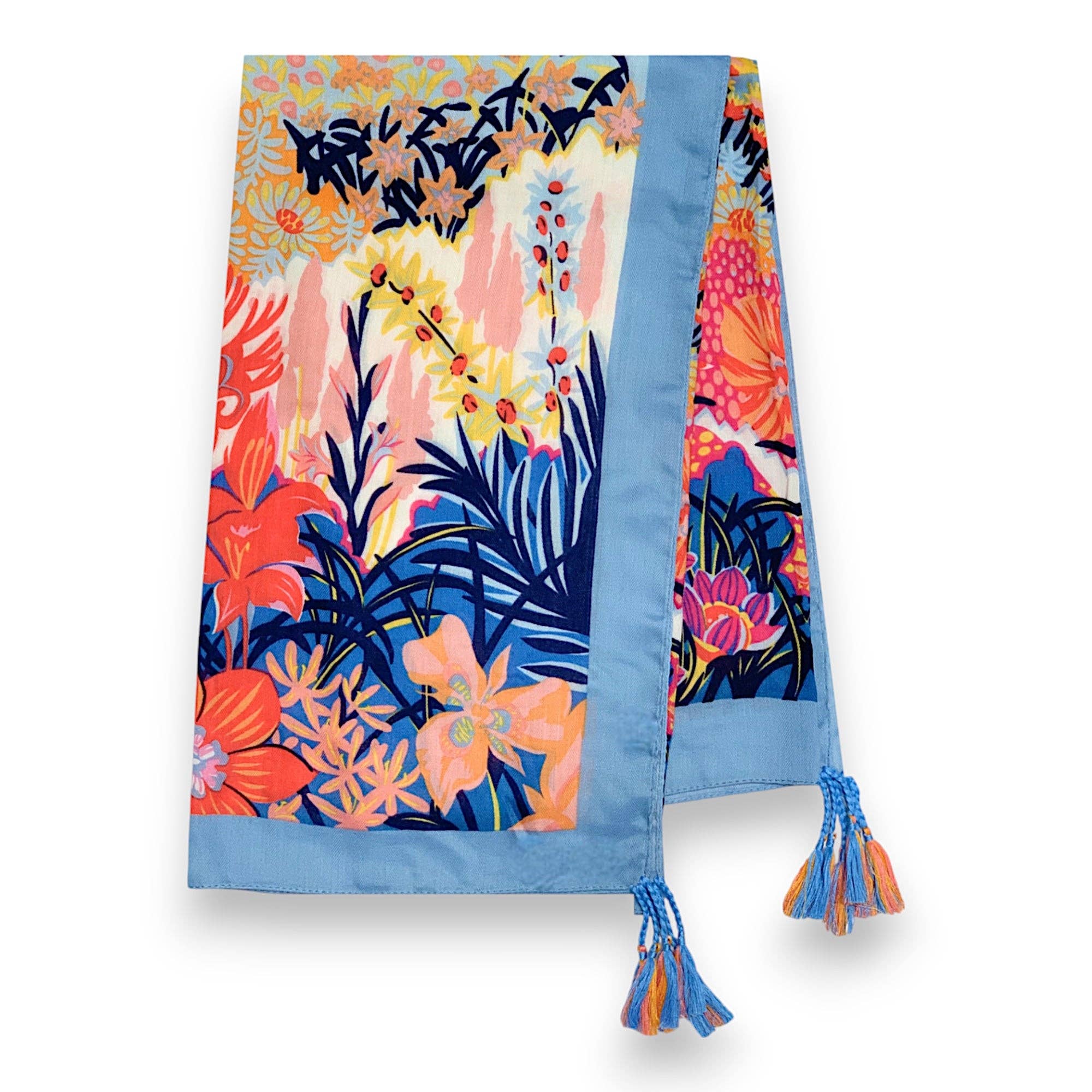 Baby Blue Floral Garden Print Tassel Square Scarf - SKRF
